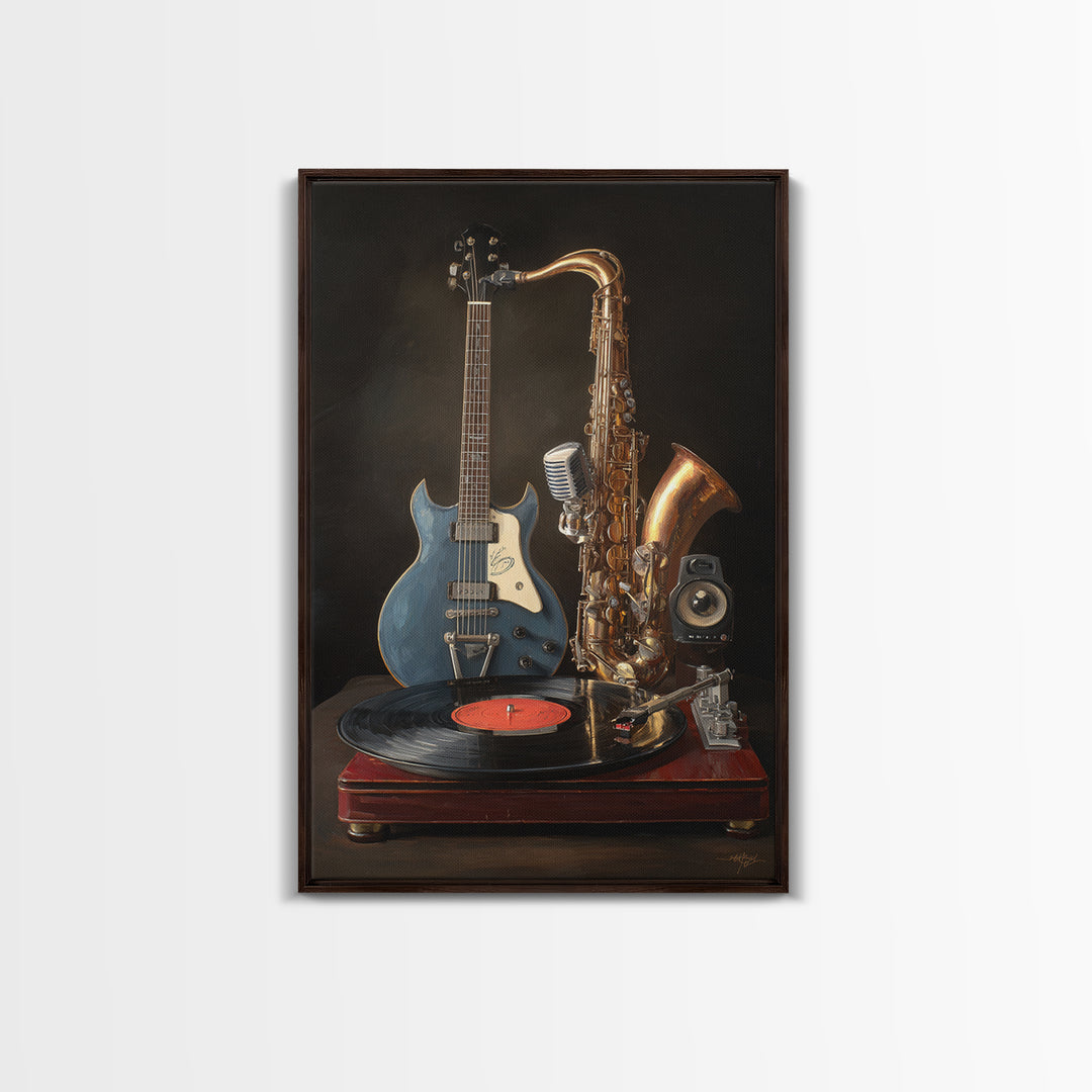 Vinyl Record and Turntable Still Life Framed Canvas Print, Music Studio Art, Music, Studio Decor, Oil Painting, Rhythm, MSA-2x3-59