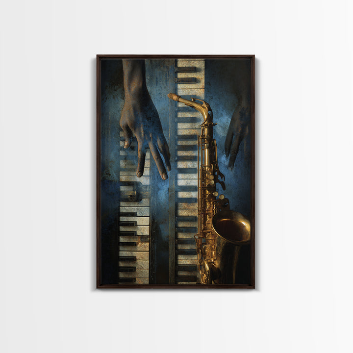 Piano Keys with Hands in Cinematic Shadow Framed Canvas Print, Music Studio Art, Wall Art Printable, Studio Decor, Rhythm, MSA-2x3-85