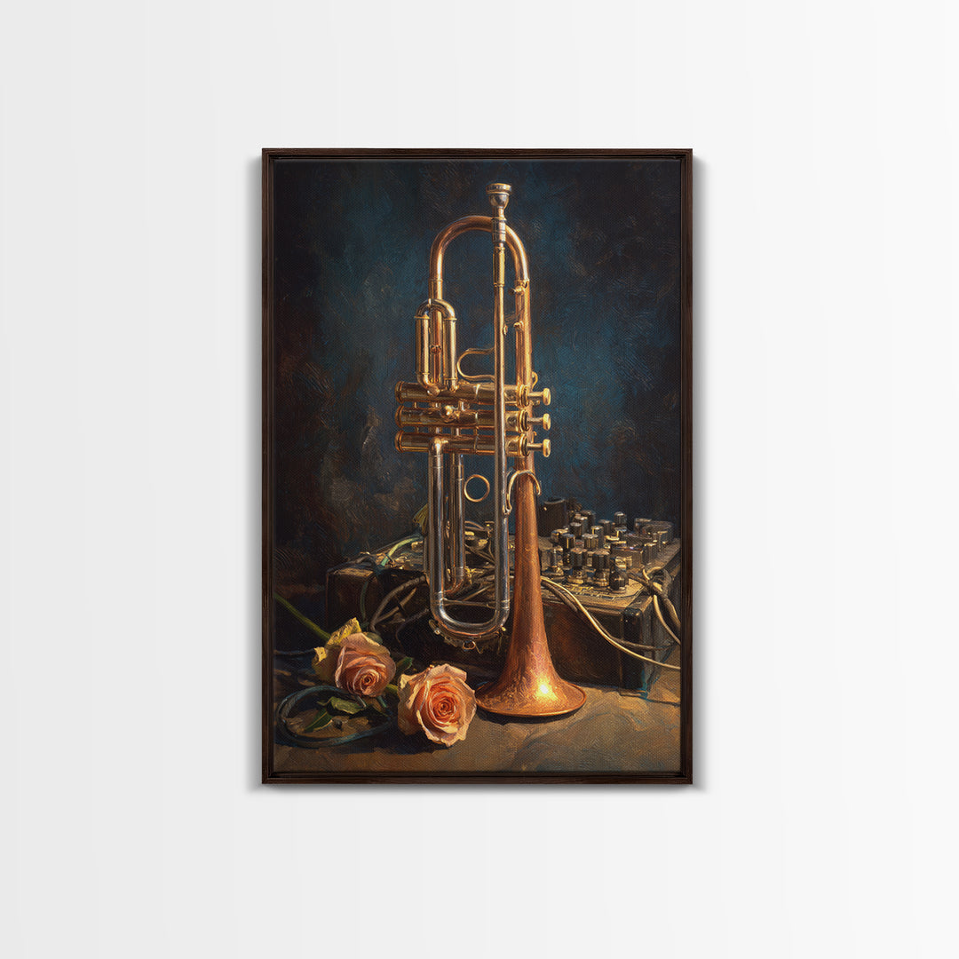 Trumpet and Roses Framed Canvas Print, Music Studio Art, Digital Wall Art, Studio Decor, Fine Art, Rhythm, Commission Painting, MSA-2x3-88