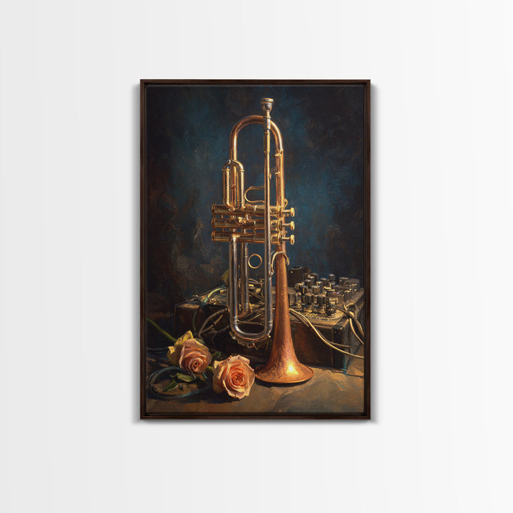 Trumpet and Roses Framed Canvas Print, Music Studio Art, Digital Wall Art, Studio Decor, Fine Art, Rhythm, Commission Painting, MSA-2x3-88