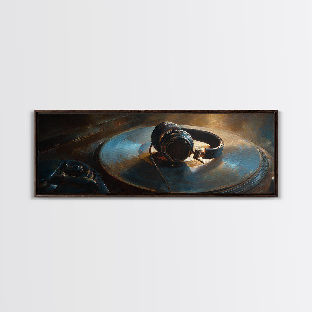 Headphones Around a Glowing Record Canvas Print, Music Studio Art, Gallery Decor, Studio Decor, Fine Art, Rhythm, MSA-3x1-3