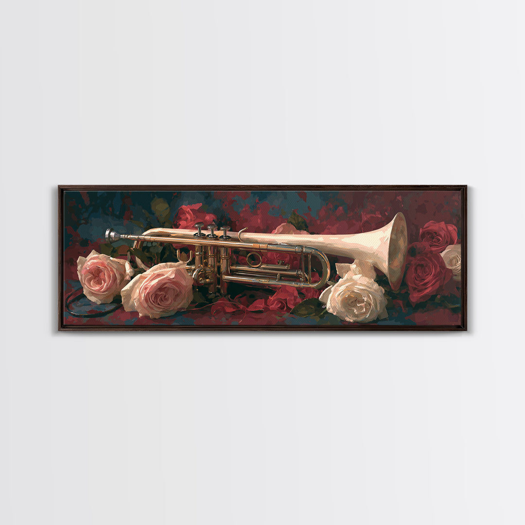 Trumpet and Roses Canvas Print, Music Studio Art, Art Print, Studio Decor, Fine Art, Rhythm, Digital Wall Art, Printable Art, MSA-3x1-48