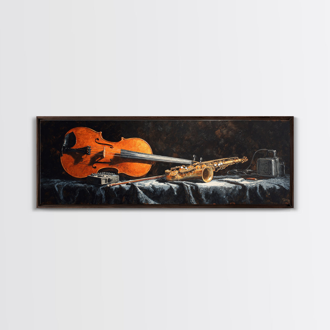 Cello Leaning Against Dark Velvet Backdrop Canvas Print, Music Studio Art, Commission Painting, Studio Decor, Abstract Art, MSA-3x1-49