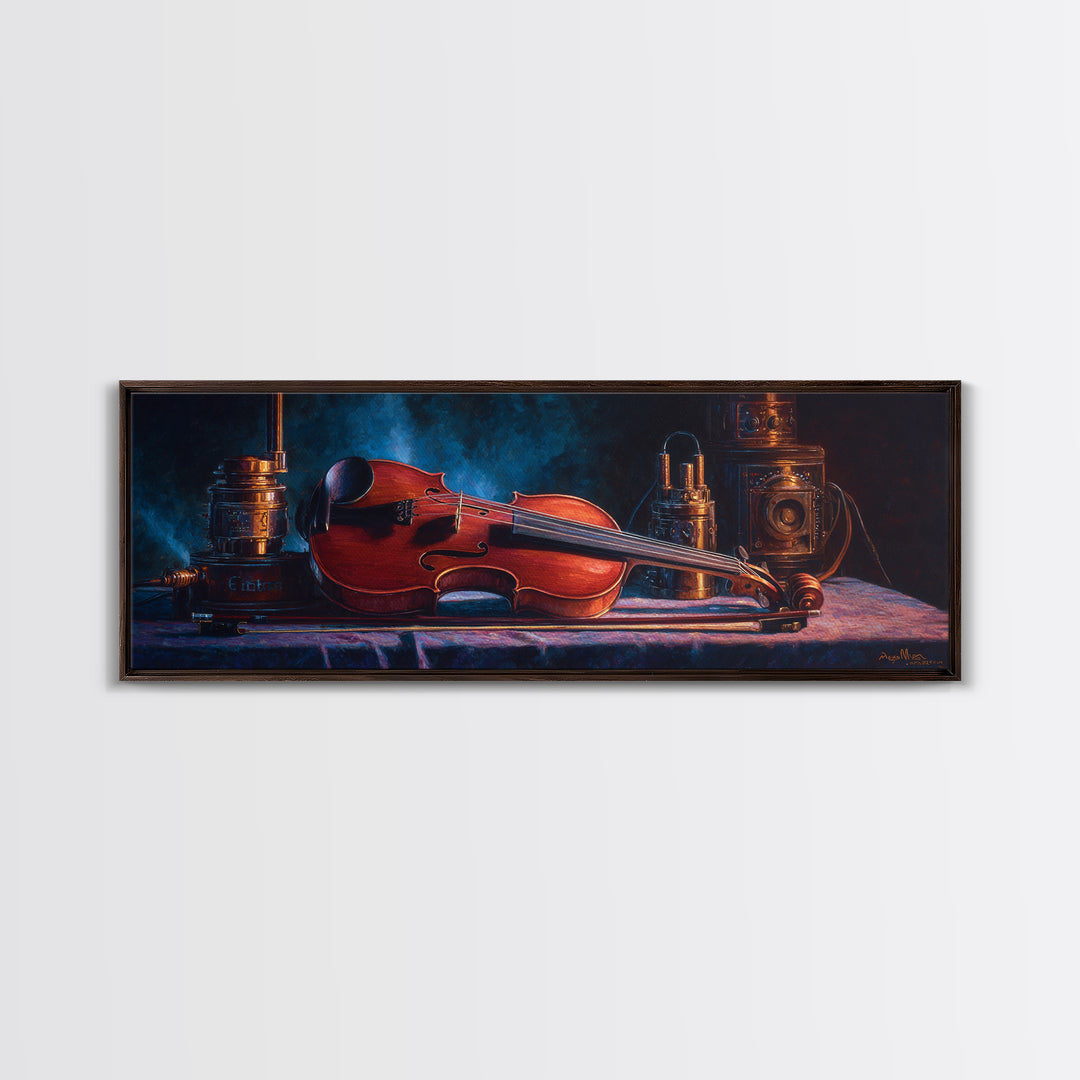 Violin and Bow Framed Canvas Print, Music Studio Art, Textured Painting, Studio Decor, Fine Art, Rhythm, Custom Painting, MSA-3x1-56