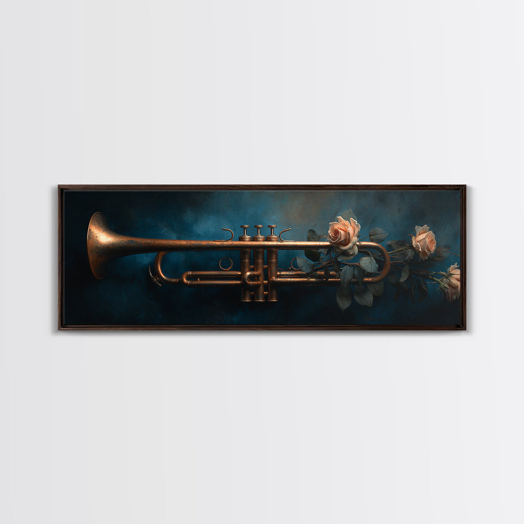 Trumpet and Roses Framed Canvas Print, Music Studio Art, Wall Art, Studio Decor, Rhythm, Trendy Wall Art, Music Wall Art, MSA-3x1-72