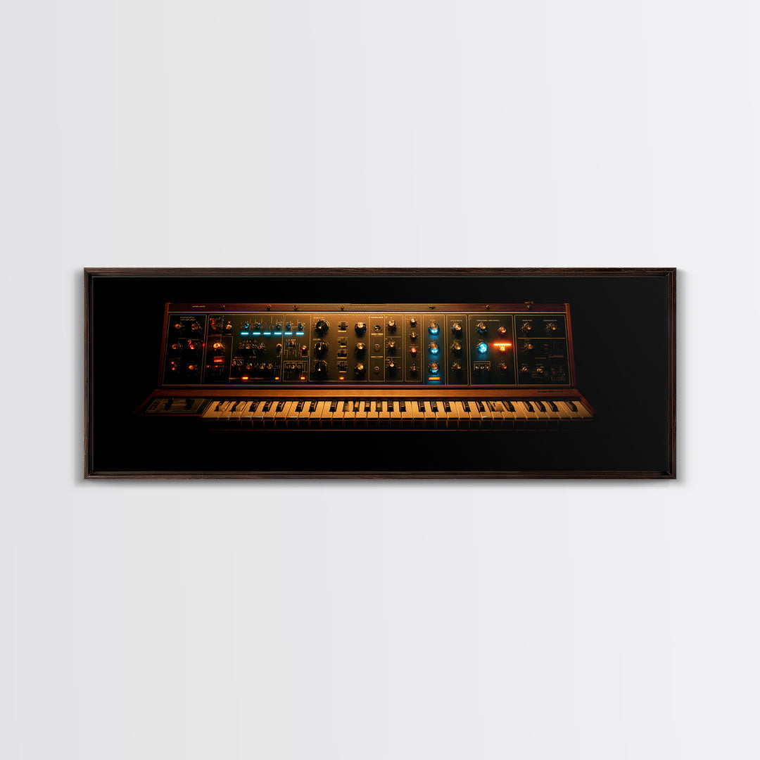 Synthesizer Knobs and Neon Reflections Framed Canvas Print, Music Studio Art, Painting from Photo, Studio Decor, Oil Painting, MSA-3x1-74