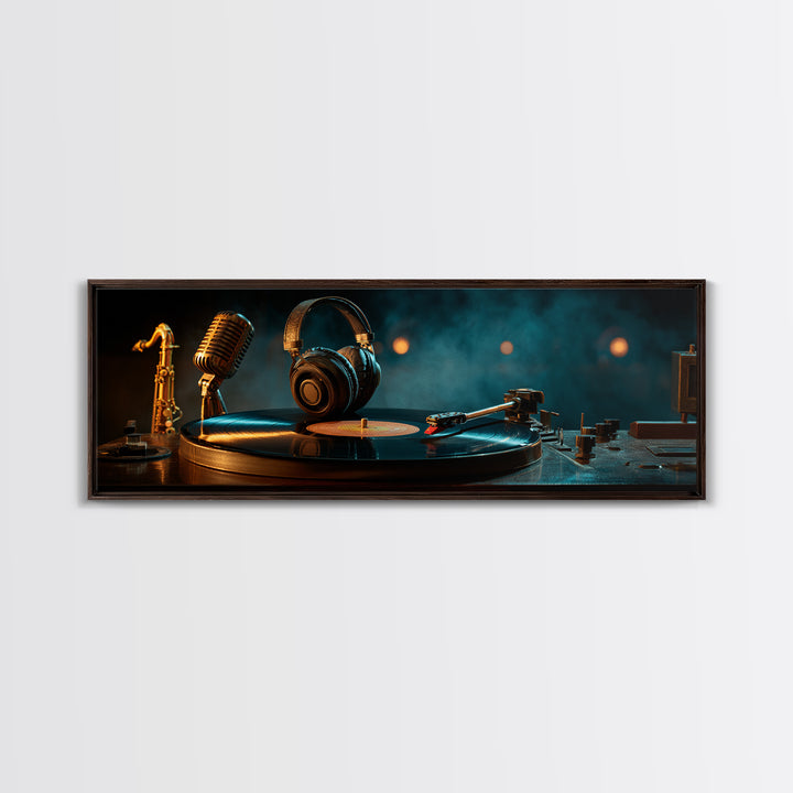 Headphones Around a Glowing Record Canvas Print, Music Studio Art, Modern Wall Art, Studio Decor, Fine Art, Rhythm, Boho Art, MSA-3x1-75