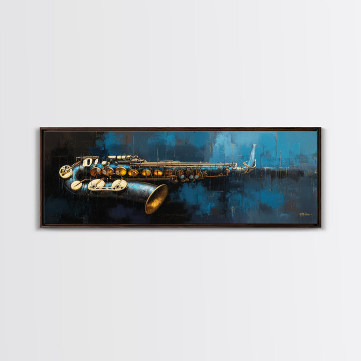 Jazz Saxophone with Smoky Blue Background Framed Canvas Print, Music Studio Art, Music Art, Studio Decor, Fine Art, Rhythm, MSA-3x1-90