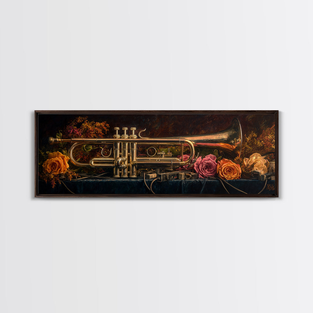 Trumpet and Roses Canvas Print, Music Studio Art, Neutral Decor, Studio Decor, Fine Art, Rhythm, Wall Art, Home Decor, MSA-3x1-96