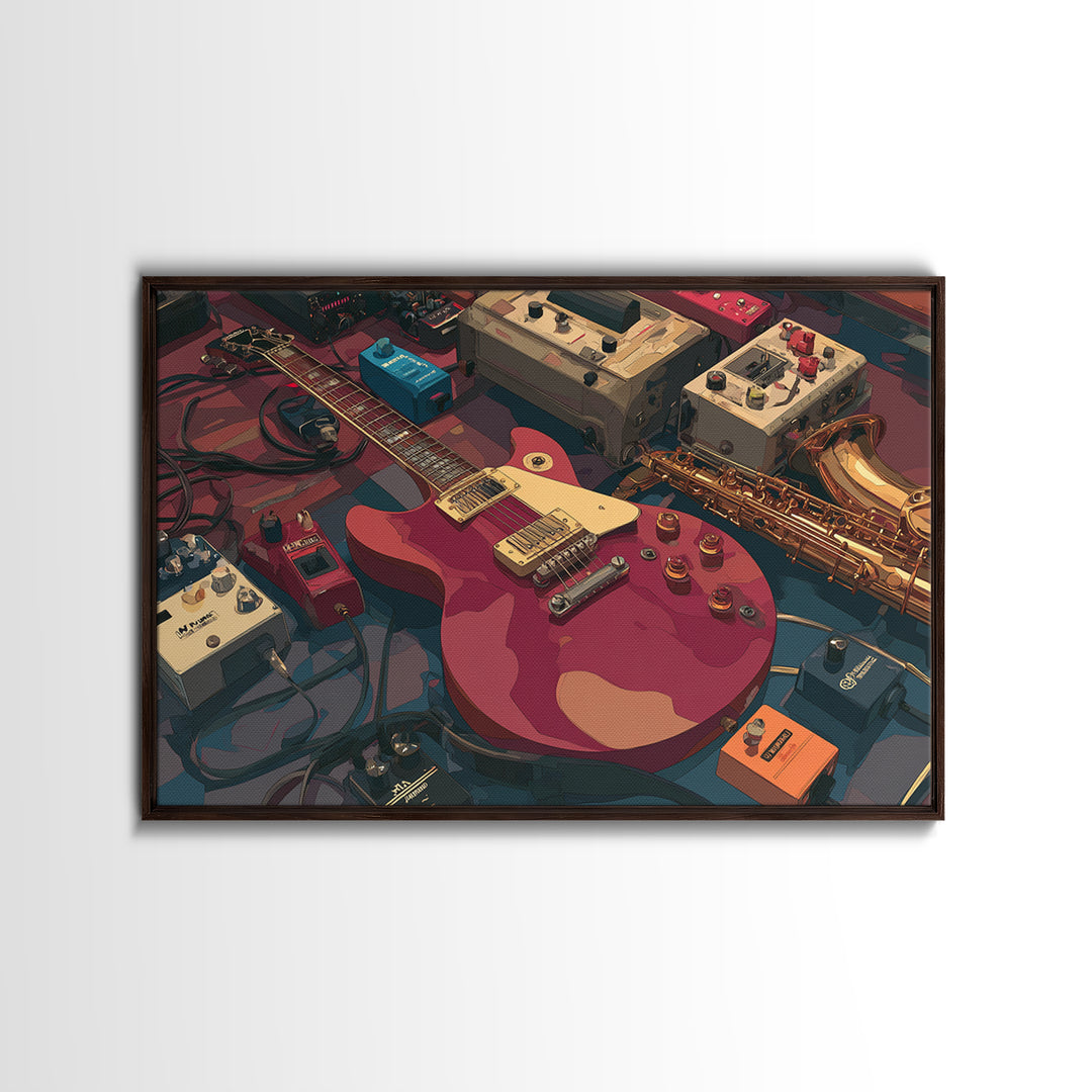 Electric Guitar Pedals and Cables Graphic Art Canvas Print, Music Studio Art, Trendy Wall Art, Studio Decor, Fine Art, Rhythm, MSA-3x2-1