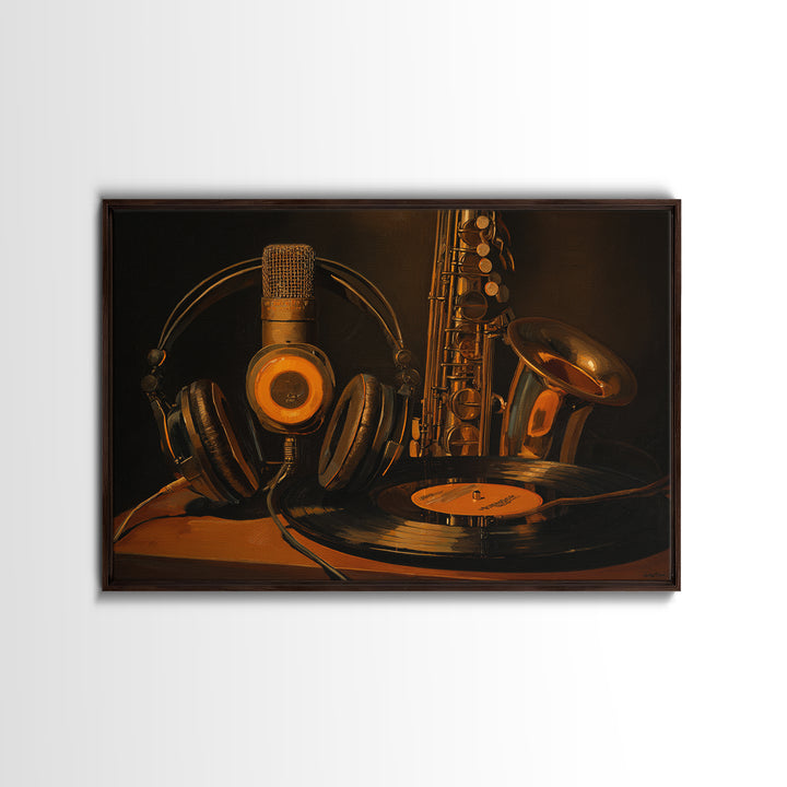 Headphones Around a Glowing Record Framed Canvas Print, Music Studio Art, Custom Painting, Studio Decor, Fine Art, Rhythm, MSA-3x2-15