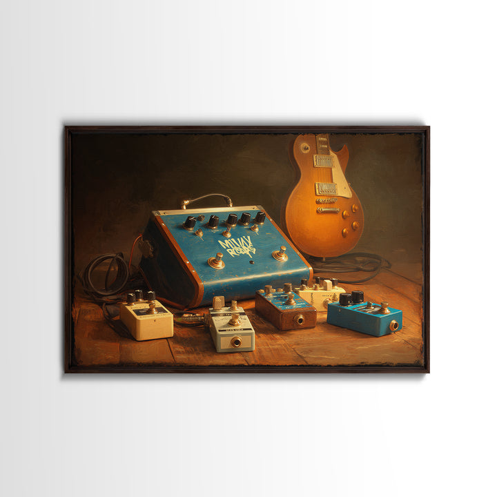Electric Guitar Pedals and Cables Graphic Art Canvas Print, Music Studio Art, Watercolor Print, Studio Decor, Rhythm, MSA-3x2-25