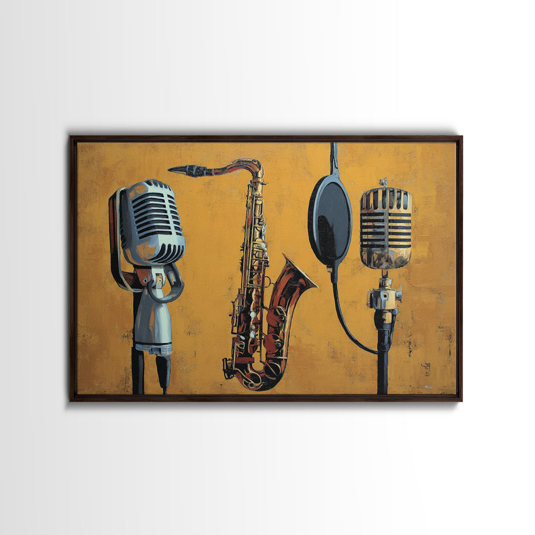 Microphone Portrait with Golden Spotlight Framed Canvas Print, Music Studio Art, Art Print, Studio Decor, Fine Art, Rhythm, MSA-3x2-59