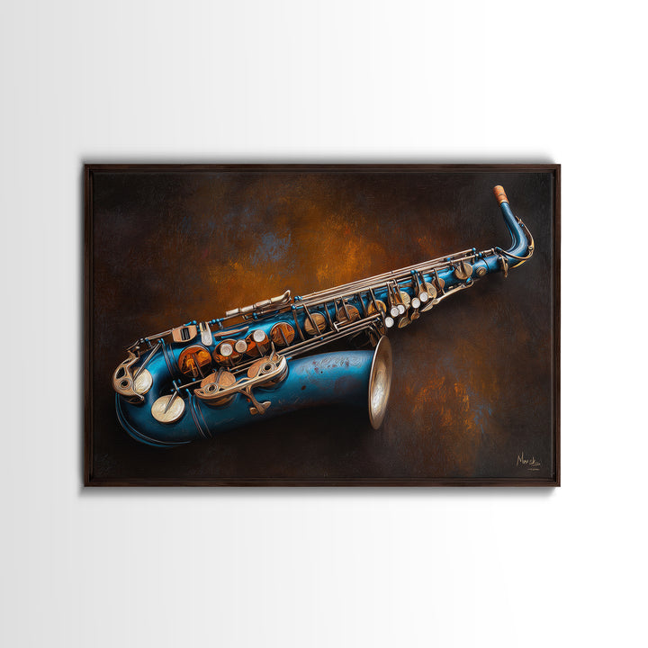 Jazz Saxophone with Smoky Blue Background Framed Canvas Print, Music Studio Art, Scripture Wall Art, Studio Decor, Rhythm, MSA-3x2-6