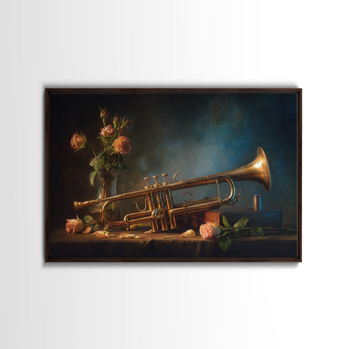 Trumpet and Roses Framed Canvas Print, Music Studio Art, Music Lover, Studio Decor, Fine Art, Rhythm, Minimalist Decor, MSA-3x2-60