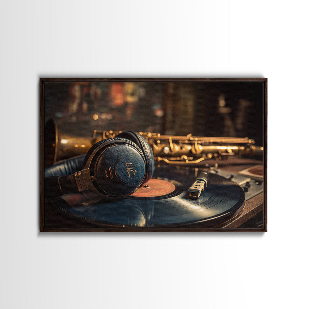 Headphones Around a Glowing Record Framed Canvas Print, Music Studio Art, Scripture Wall Art, Studio Decor, Fine Art, Rhythm, MSA-3x2-63