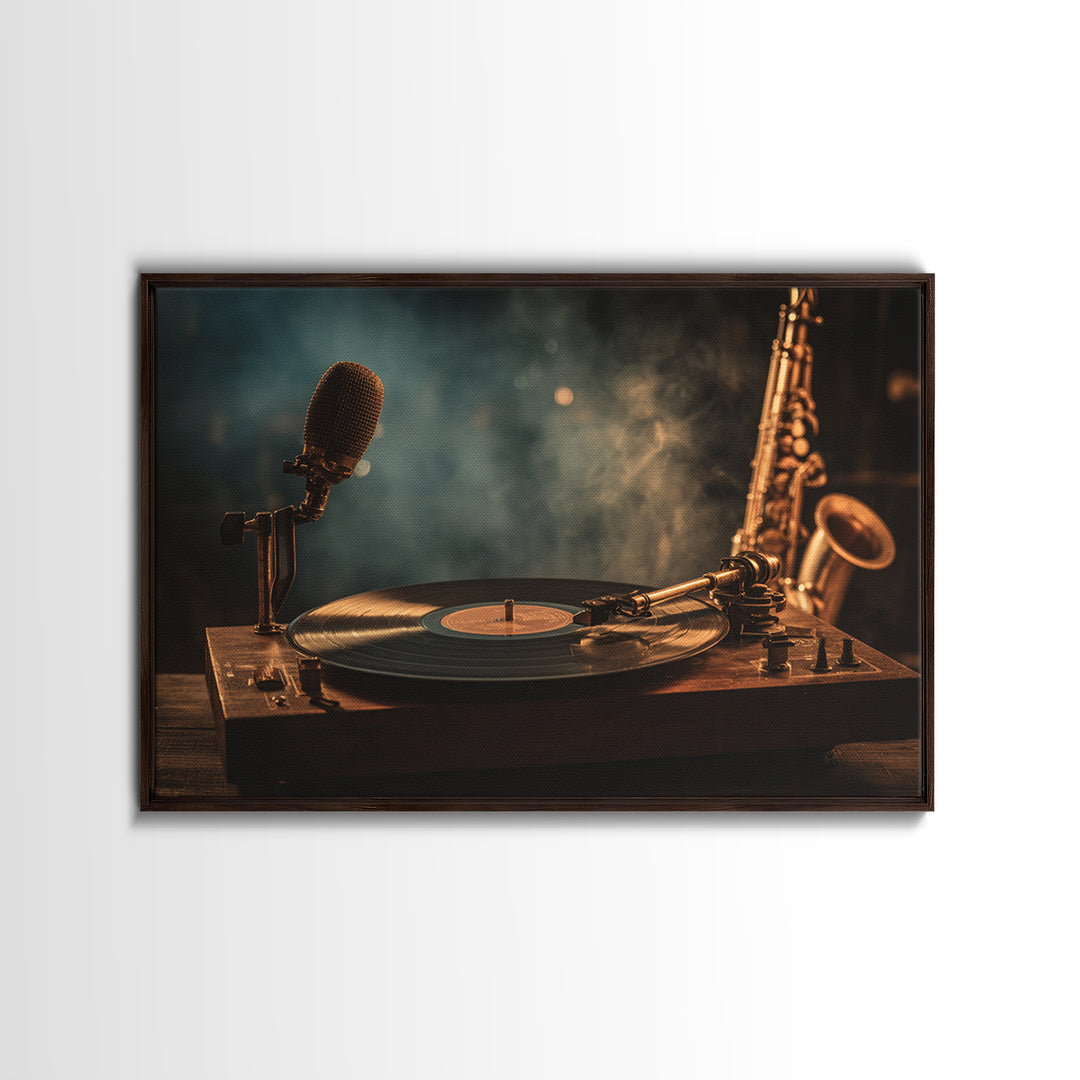 Vinyl Record and Turntable Still Life Framed Canvas Print, Music Studio Art, Home Decor, Studio Decor, Abstract Art, Rhythm, MSA-3x2-7