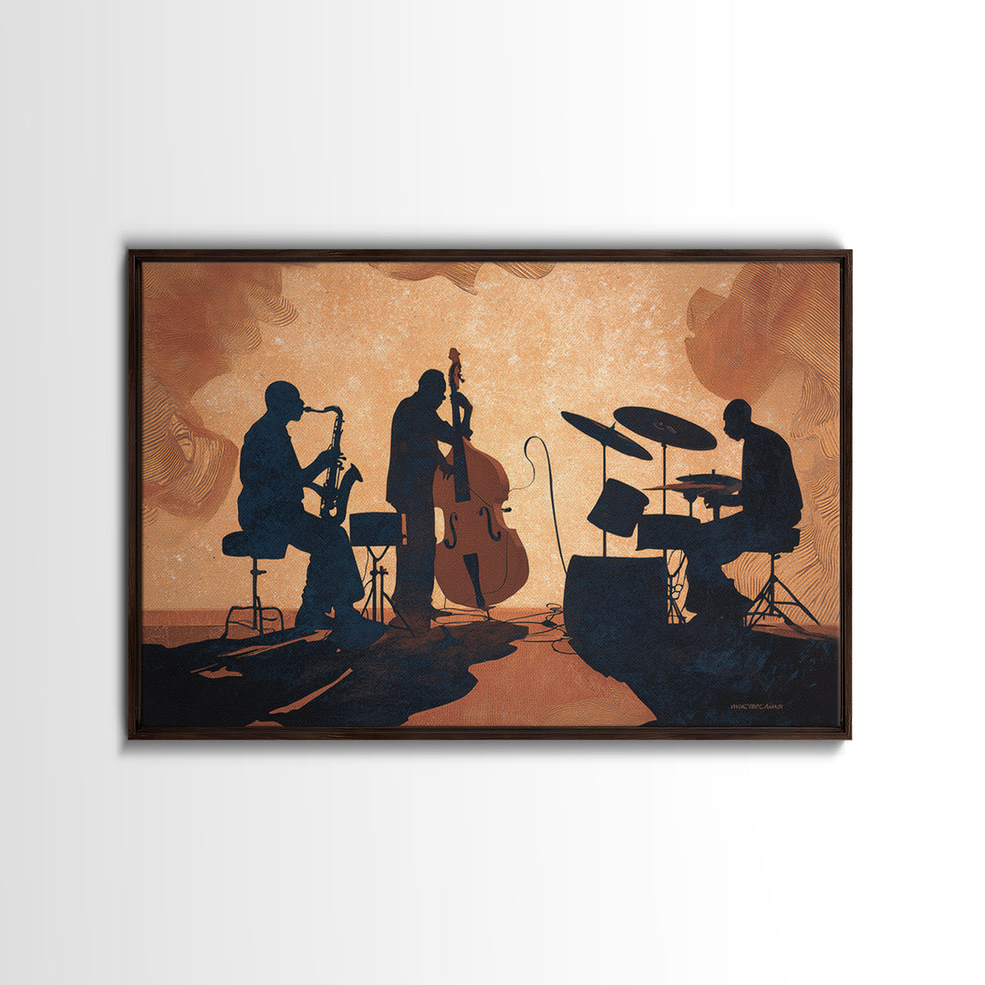Jazz Quartet Silhouettes Framed Canvas Print, Music Studio Art, Digital Download Art, Studio Decor, Oil Painting, Rhythm, MSA-3x2-74