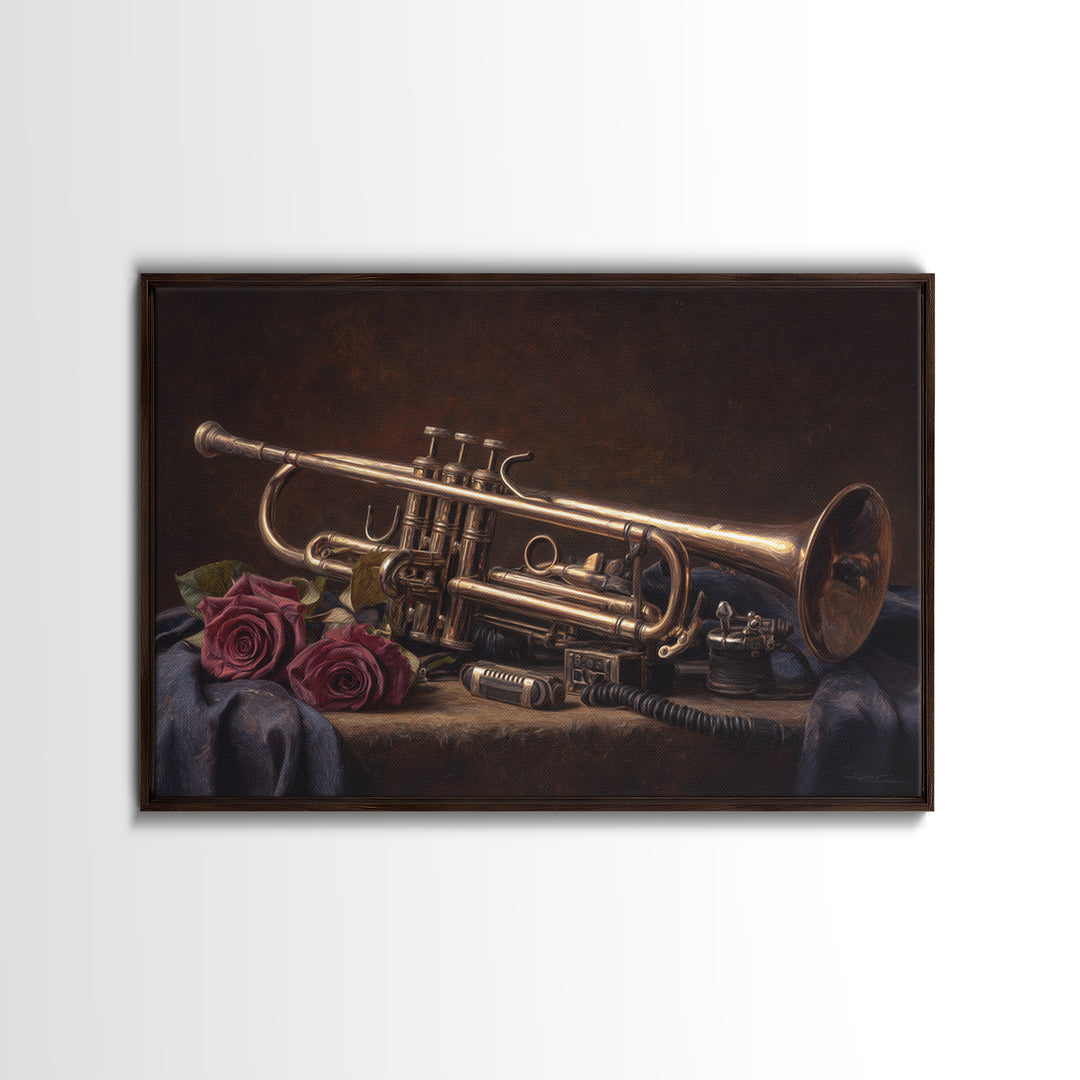 Trumpet and Roses Canvas Print, Music Studio Art, Boho Decor, Studio Decor, Fine Art, Rhythm, Metal Wall Art, MSA-3x2-84