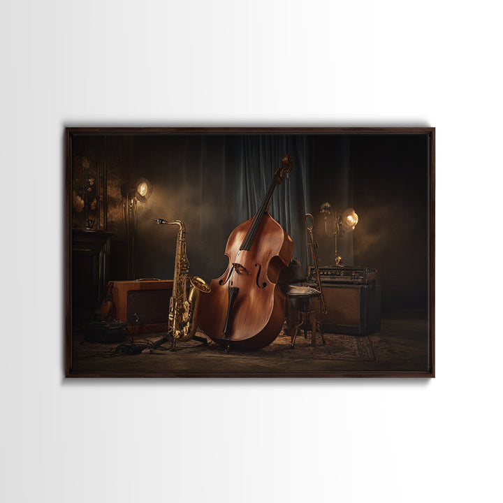 Cello Leaning Against Dark Velvet Backdrop Framed Canvas Print, Music Studio Art, Music Gift, Studio Decor, Fine Art, Rhythm, MSA-3x2-85