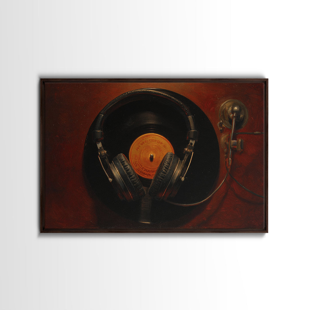 Headphones Around a Glowing Record Framed Canvas Print, Music Studio Art, Fine Art Print, Studio Decor, Fine Art, Rhythm, MSA-3x2-87