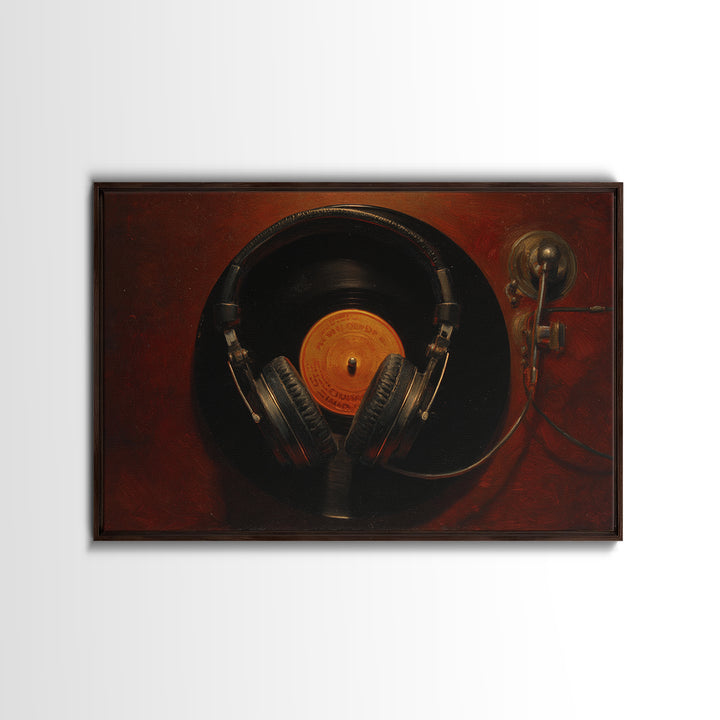 Headphones Around a Glowing Record Framed Canvas Print, Music Studio Art, Fine Art Print, Studio Decor, Fine Art, Rhythm, MSA-3x2-87