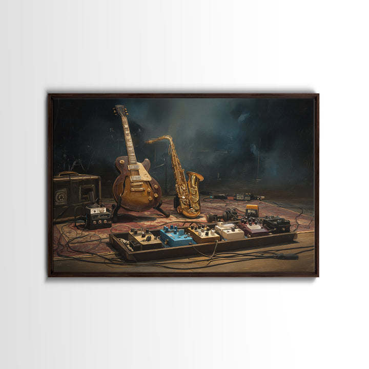 Electric Guitar Pedals and Cables Graphic Art Framed Canvas Print, Music Studio Art, Music Lover, Studio Decor, Watercolor Art, MSA-3x2-97