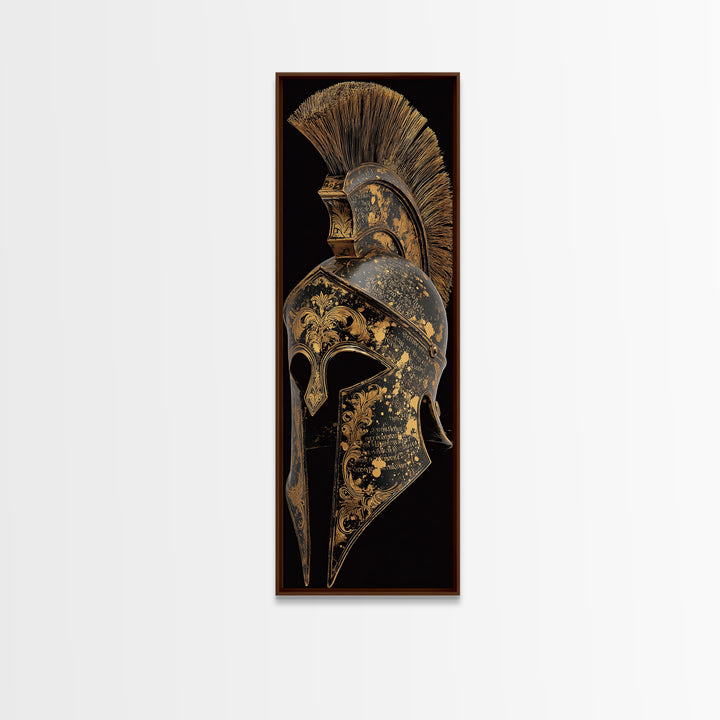 Golden Spartan Helmet - Sparta Wall Art - Gold Canvas Decor - Canvas Wall Art - Gold Spartan Painting - Wood Framed Mancave Art
