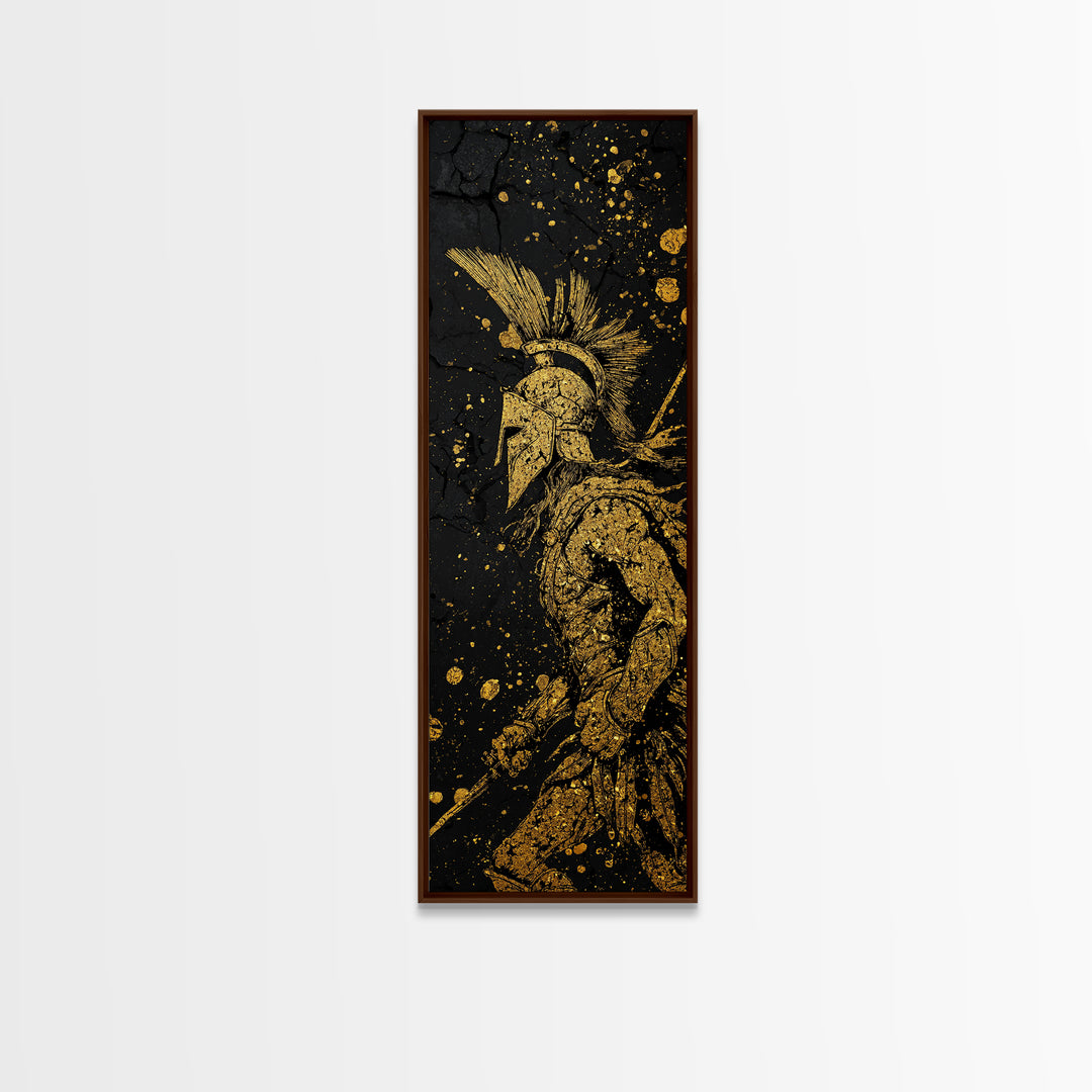 Spartan Warrior Helmet Illustration, Gold Canvas Print, Ancient Greek Soldier Wall Art, Real Wood Frame Decor