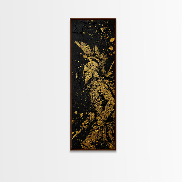 Spartan Warrior Helmet Illustration, Gold Canvas Print, Ancient Greek Soldier Wall Art, Real Wood Frame Decor
