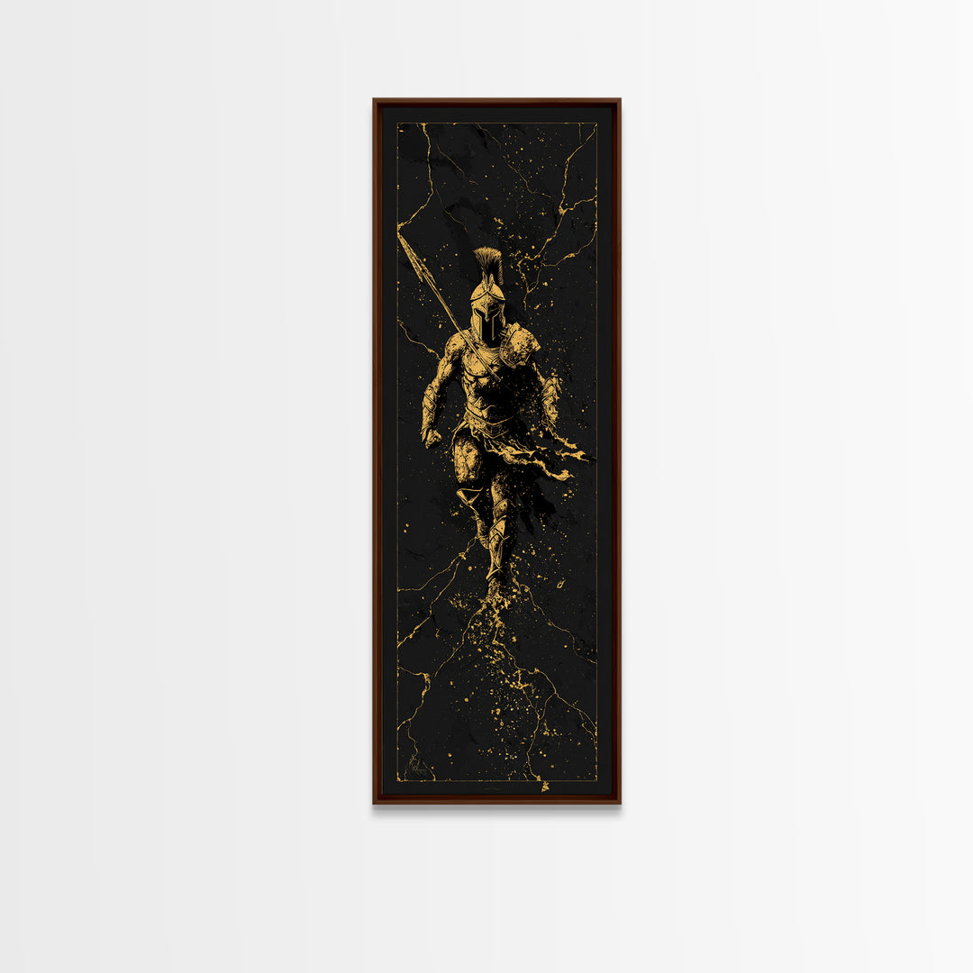 Ancient Spartan Soldier Running, Gold Canvas Print, Greek Warrior Helmet Wall Art, Real Wood Frame Decor