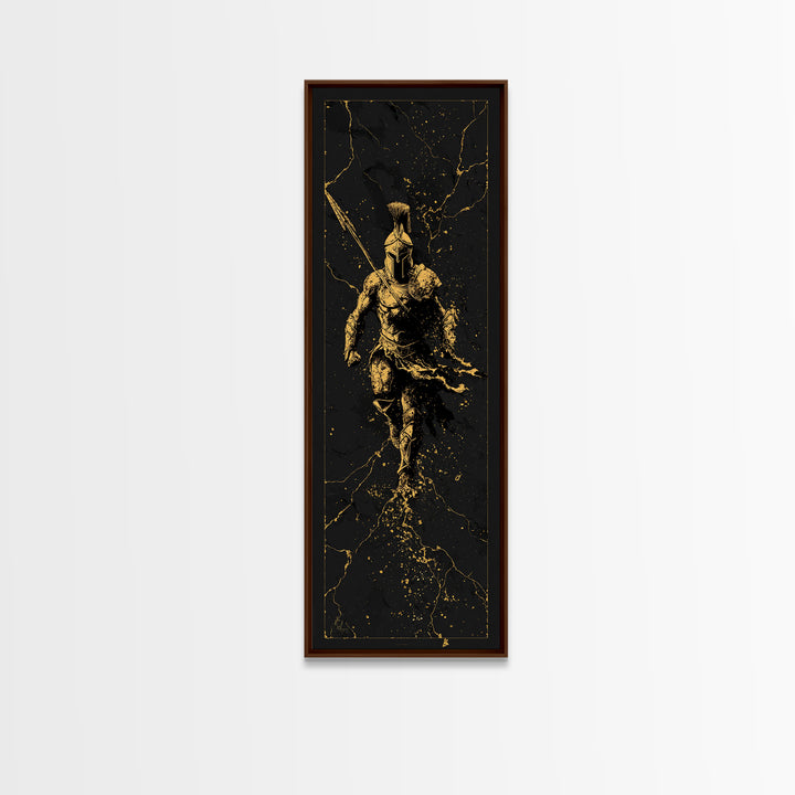 Ancient Spartan Soldier Running, Gold Canvas Print, Greek Warrior Helmet Wall Art, Real Wood Frame Decor
