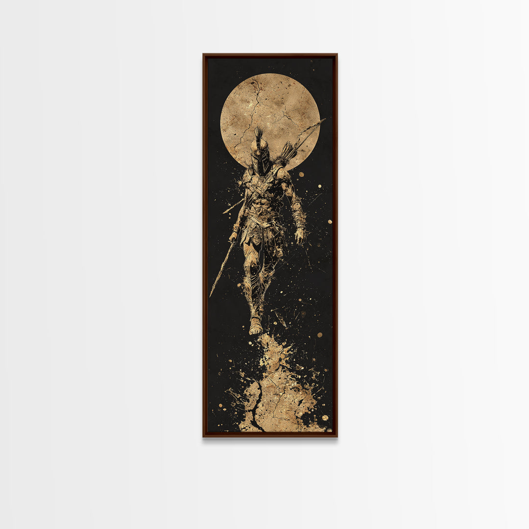 Spartan Warrior Under Full Moon, Gold Canvas Print, Ancient Greek Soldier Wall Art, Real Wood Frame Decor