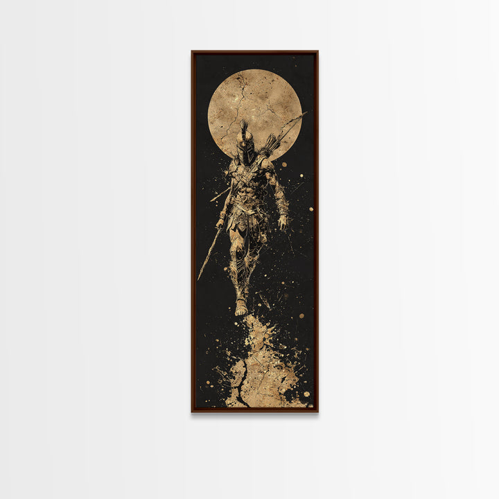 Spartan Warrior Under Full Moon, Gold Canvas Print, Ancient Greek Soldier Wall Art, Real Wood Frame Decor