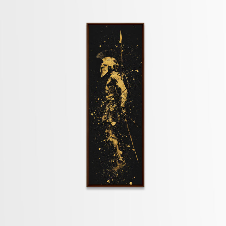 Greek Spartan Warrior With Spear, Gold Canvas Print, Ancient Soldier Helmet Wall Art, Real Wood Frame Decor