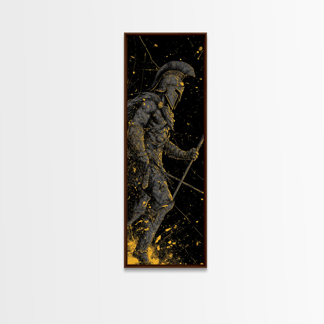 Ancient Greek Spartan Fighter, Gold Canvas Print, Warrior Helmet Spear Wall Art, Real Wood Frame Decor
