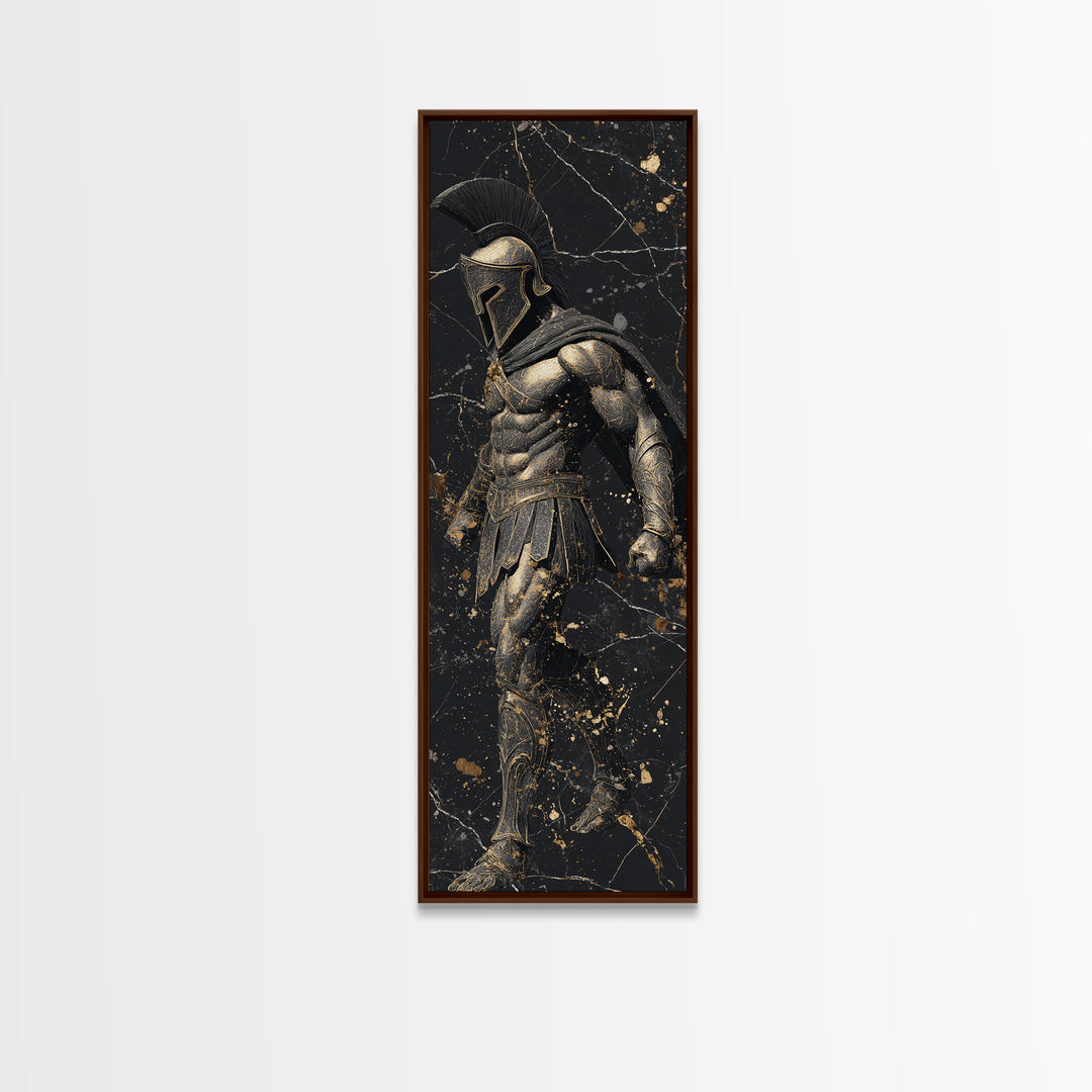 Spartan Warrior In Detailed Armor, Gold Canvas Print, Ancient Greek Soldier Wall Art, Real Wood Frame Decor