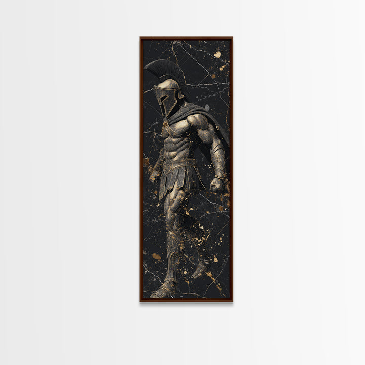 Spartan Warrior In Detailed Armor, Gold Canvas Print, Ancient Greek Soldier Wall Art, Real Wood Frame Decor
