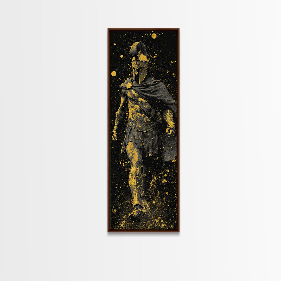 Greek Spartan Warrior In Cloak, Gold Canvas Print, Ancient Helmet Warrior Wall Art, Real Wood Frame Home Decor