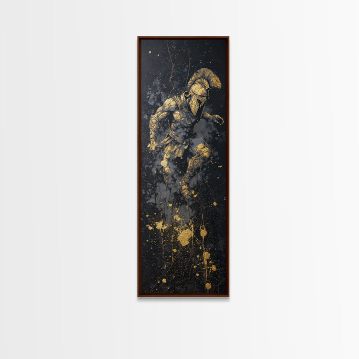 Ancient Spartan Warrior In Battle Pose, Gold Canvas Print, Greek Soldier Helmet Wall Art, Real Wood Frame Decor