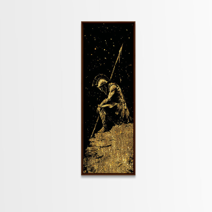 Spartan Warrior Kneeling With Spear, Gold Canvas Print, Ancient Greek Soldier Wall Art, Real Wood Frame Decor