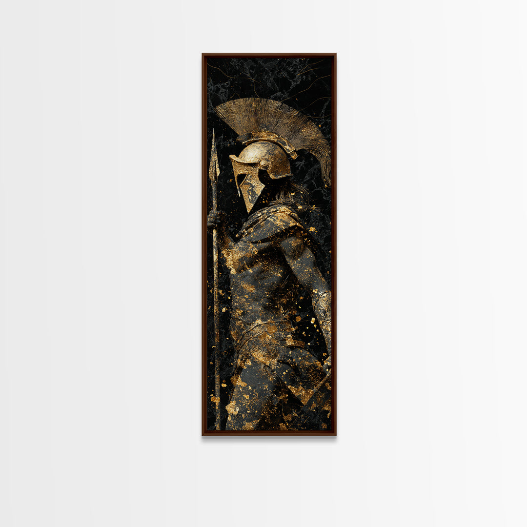 Greek Spartan Warrior Holding Spear, Gold Canvas Print, Ancient Helmet Warrior Wall Art, Real Wood Frame Decor