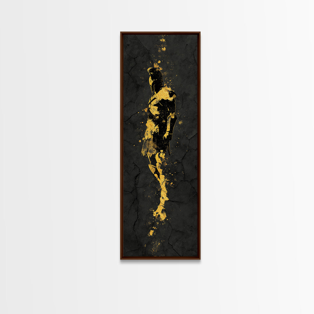 Greek Spartan Warrior Silhouette, Gold Canvas Print, Ancient Warrior Helmet Wall Art, Real Wood Frame Decor