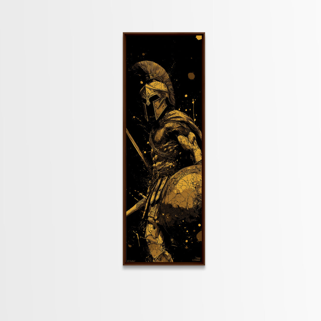 Ancient Spartan Warrior With Shield, Gold Canvas Print, Greek Soldier Helmet Wall Art, Real Wood Frame Decor