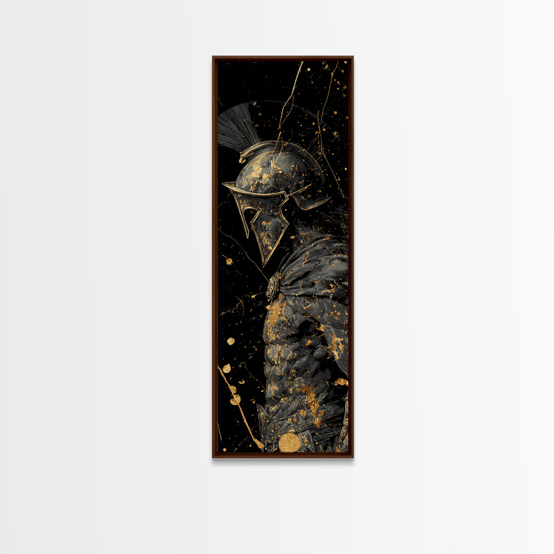 Greek Spartan Warrior In Splatter Style, Gold Canvas Print, Ancient Warrior Helmet Wall Art, Real Wood Frame Decor