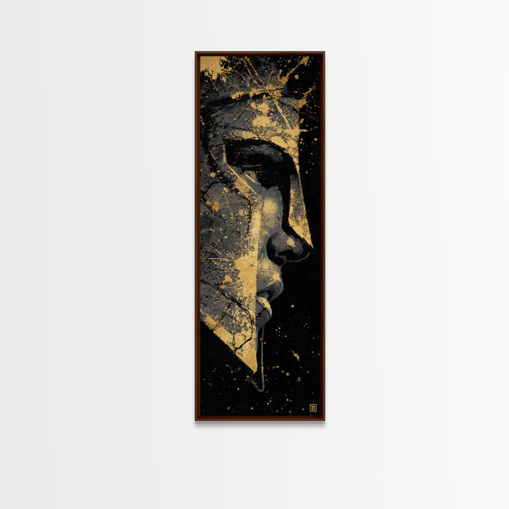 Warrior Spartan Portrait, Gold Canvas Print, Ancient Greek Helmet Wall Art, Real Wood Frame Home Decor, Historical Warrior Artwork
