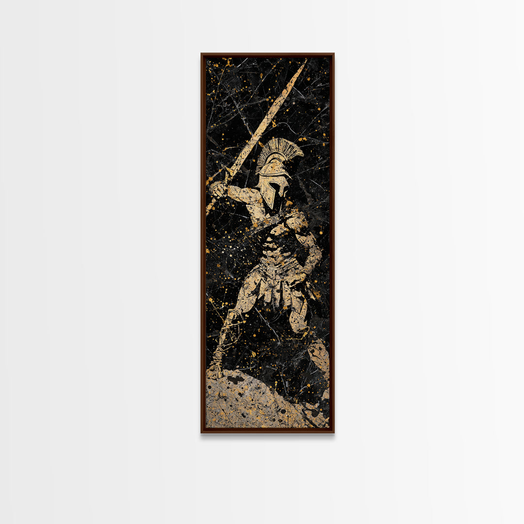 Greek Hoplite With Spear, Gold Canvas Art, Spartan Warrior Wall Decor, Real Wood Frame Canvas Print, Historical Military Artwork