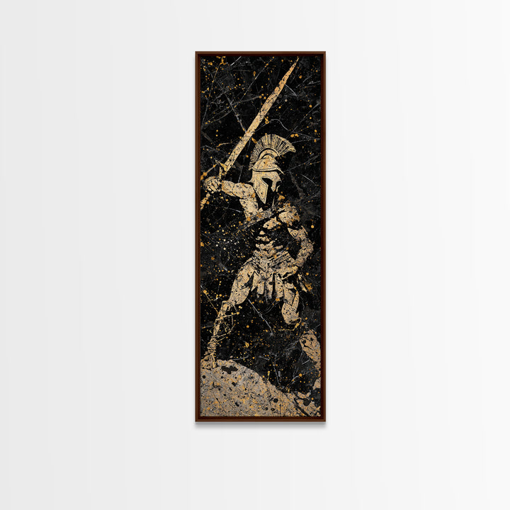 Greek Hoplite With Spear, Gold Canvas Art, Spartan Warrior Wall Decor, Real Wood Frame Canvas Print, Historical Military Artwork