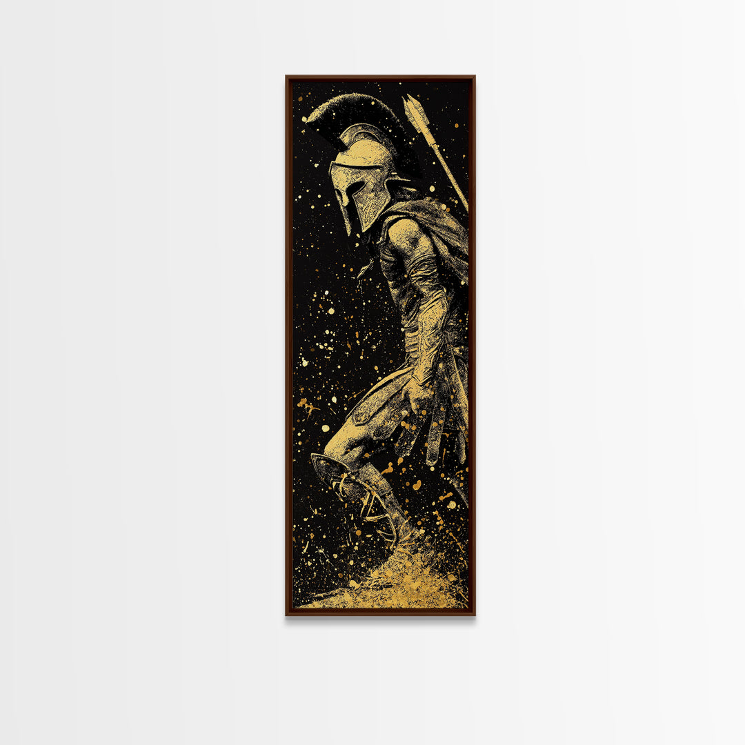 Greek Spartan Standing Strong, Gold Canvas Print, Warrior Soldier Wall Art, Real Wood Frame Home Decor, Ancient Hero Artwork