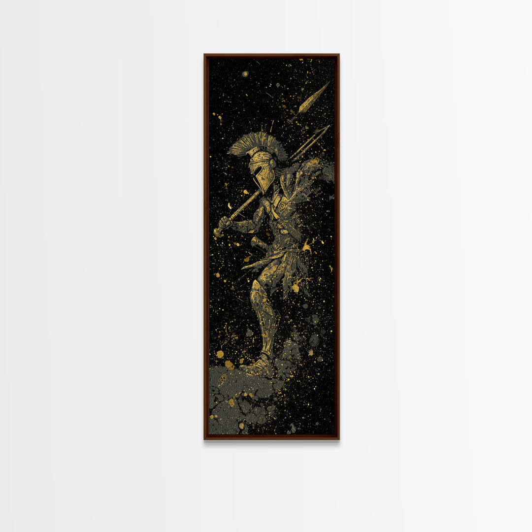 Ancient Spartan In Battle, Gold Canvas Art, Warrior With Spear Wall Print, Real Wood Frame Decor, Greek Mythology Artwork